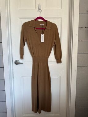 Unsubscribed Polo Knit Midi Dress with 3/4 Sleeves in Camel. NWT